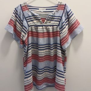 5/$25 ⭐ Kim Rogers Notched V-Neck Flutter Sleeve Striped Top